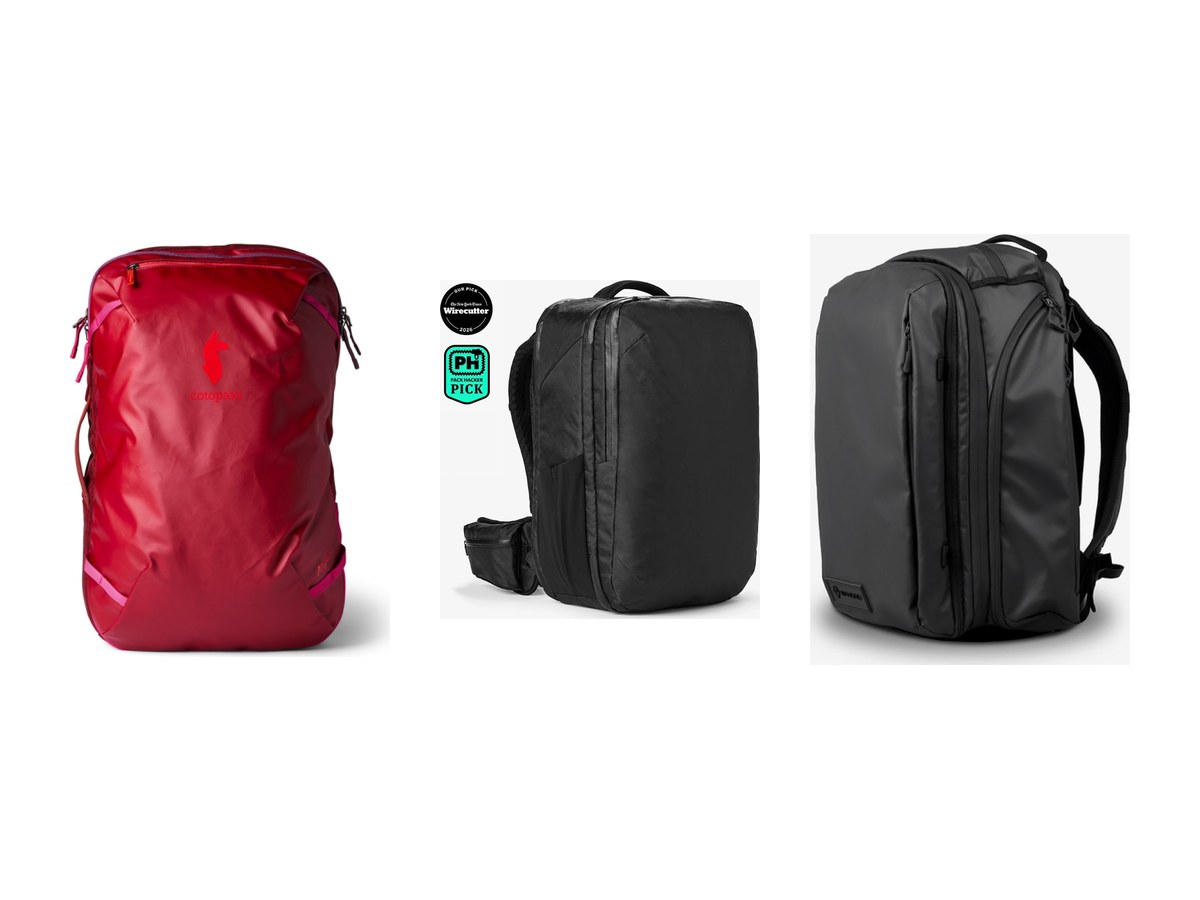 The three travel backpacks in this guide, shown together