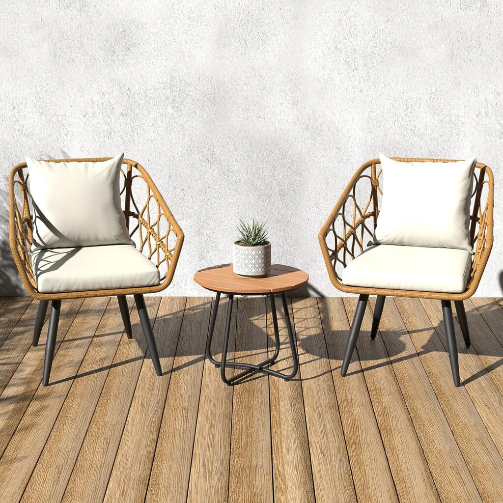 Amazon Basics Outdoor All-Weather 3-Piece Woven Faux Rattan Chair Set With Cushions and Side Table, Tan, Chair: 26.77(L) x 26.38(W) x 31.5(H)