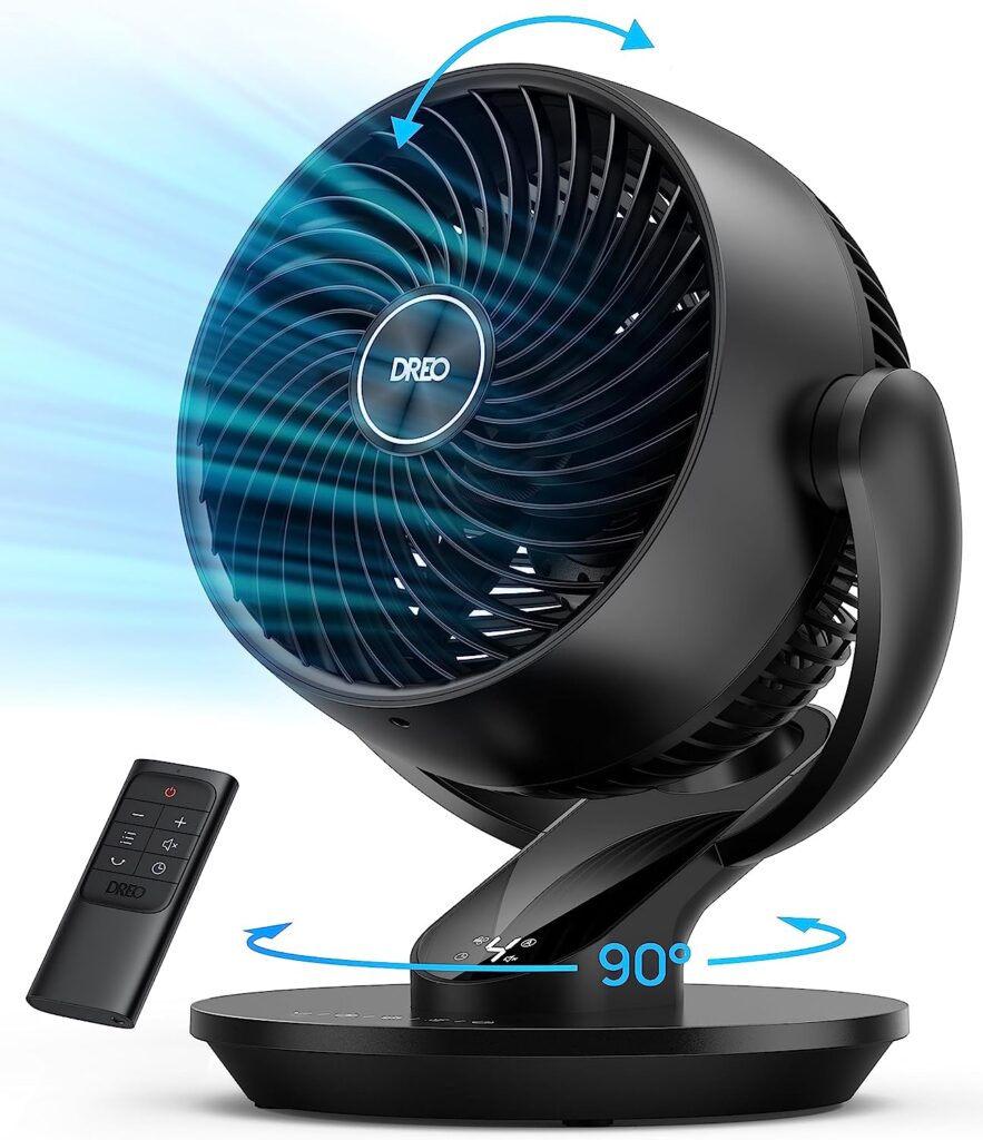 Dreo Table Fans for Home Bedroom, 9 Inch Quiet Oscillating Floor Fan with Remote, Air Circulator Fan for Whole Room, 70ft Powerful Airflow, 120Â° Adjustable Tilt, 4 Speeds, 8H Timer