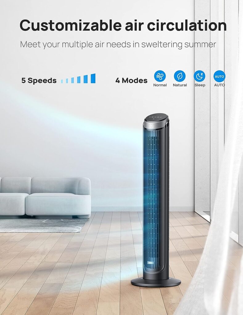 Dreo Tower Fans for Home, 90Â° Oscillating Fans for indoors, 4 Modes 5 Speeds, 12H Timer, Space-Saving, LED Display with Touch Control, 40 Inch Quiet Bladeless Standing Floor Fan for bedroom Office