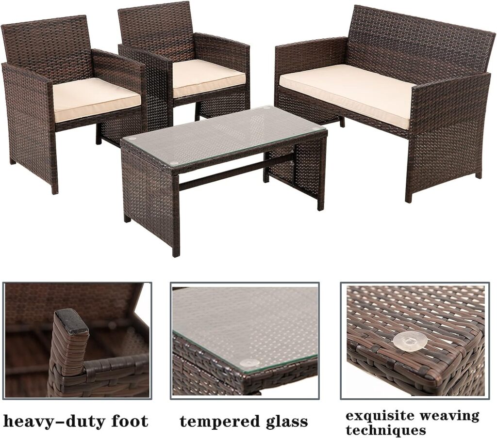 FAYEAN Patio Furniture Set 4 Pieces Outdoor Wicker Rattan Chairs Patio Sofa for Garden Porch Backyard Lawn Pool Khaki