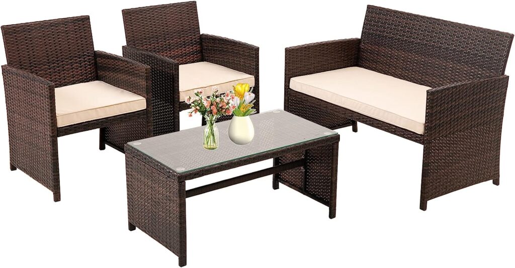 FAYEAN Patio Furniture Set 4 Pieces Outdoor Wicker Rattan Chairs Patio Sofa for Garden Porch Backyard Lawn Pool Khaki