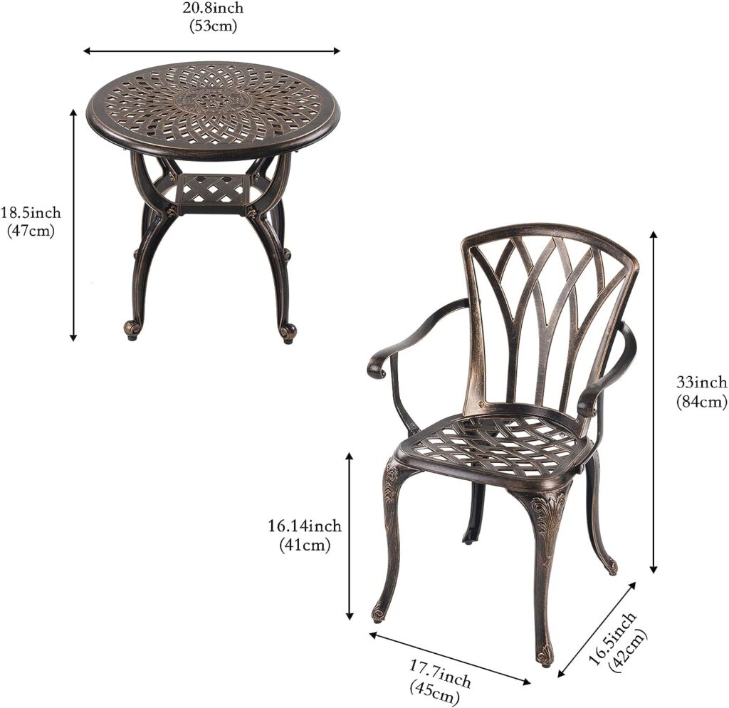 Jardin DE CENTENNAIL 3-Piece Outdoor Bistro Set Cast Aluminum Rust-Resistant Patio Furniture Armchairs Design (Copper)