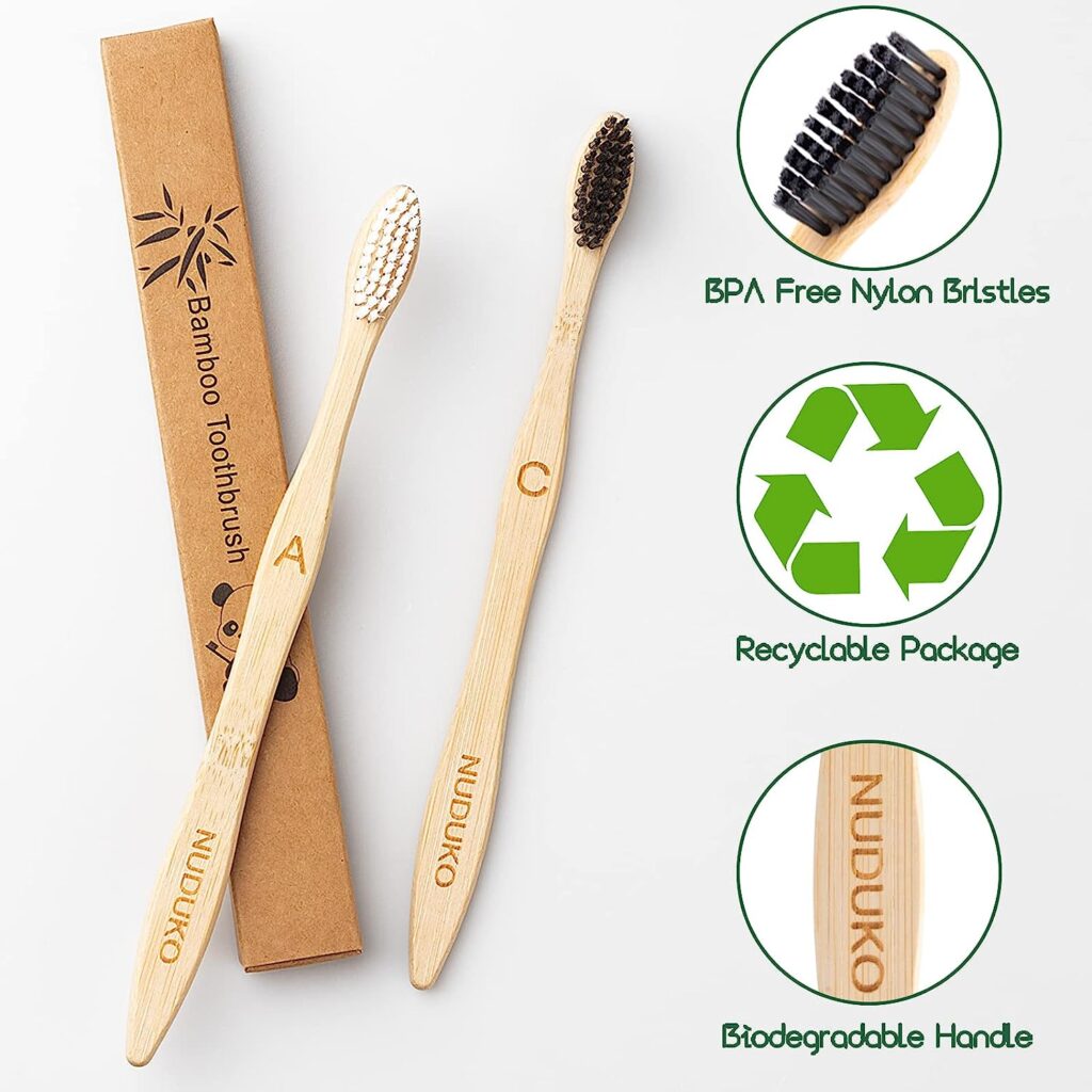 NUDUKO Biodegradable Bamboo Toothbrushes, 10 Piece BPA Free Soft Bristles Toothbrushes, Natural, Eco-Friendly, Green and Compostable