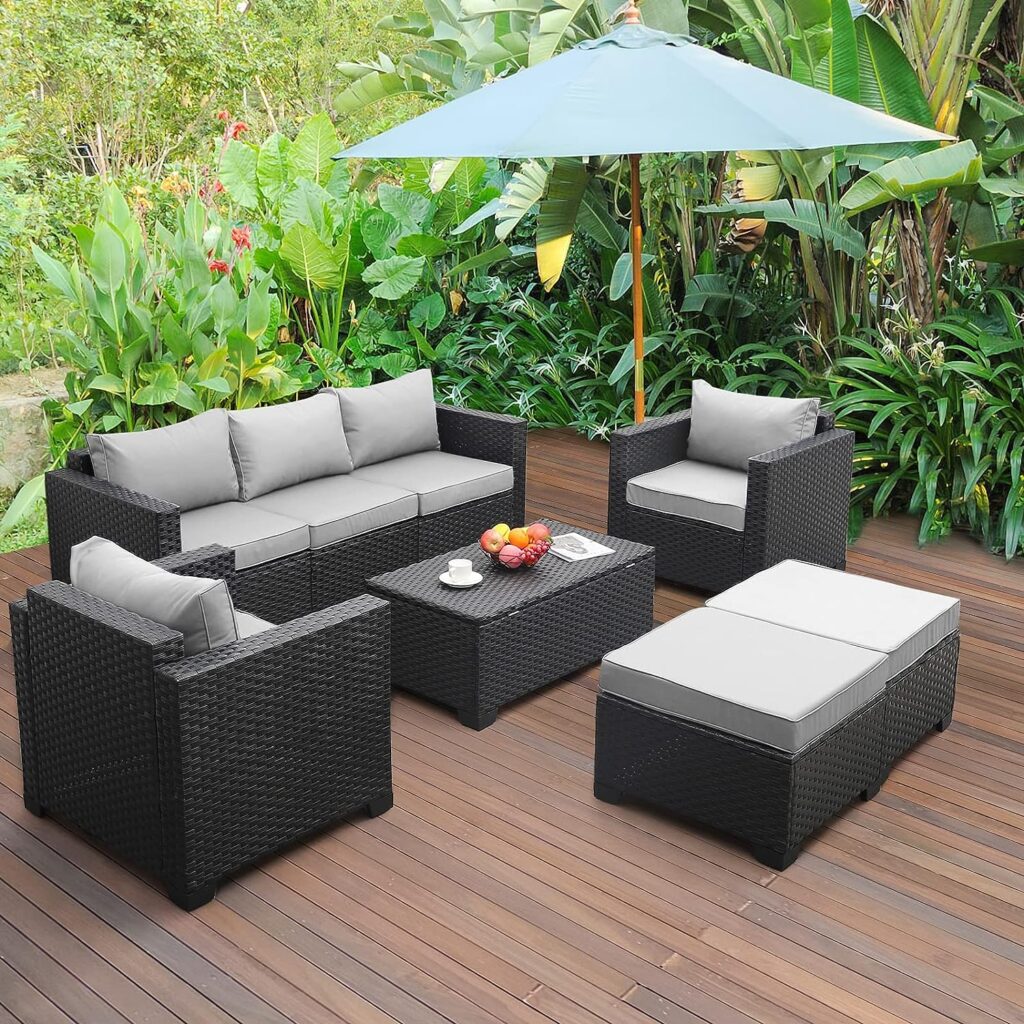 Patio Wicker Furniture Set 6 Pieces Outdoor PE Rattan Conversation Couch Sectional Chair Sofa Set with Grey Cushion