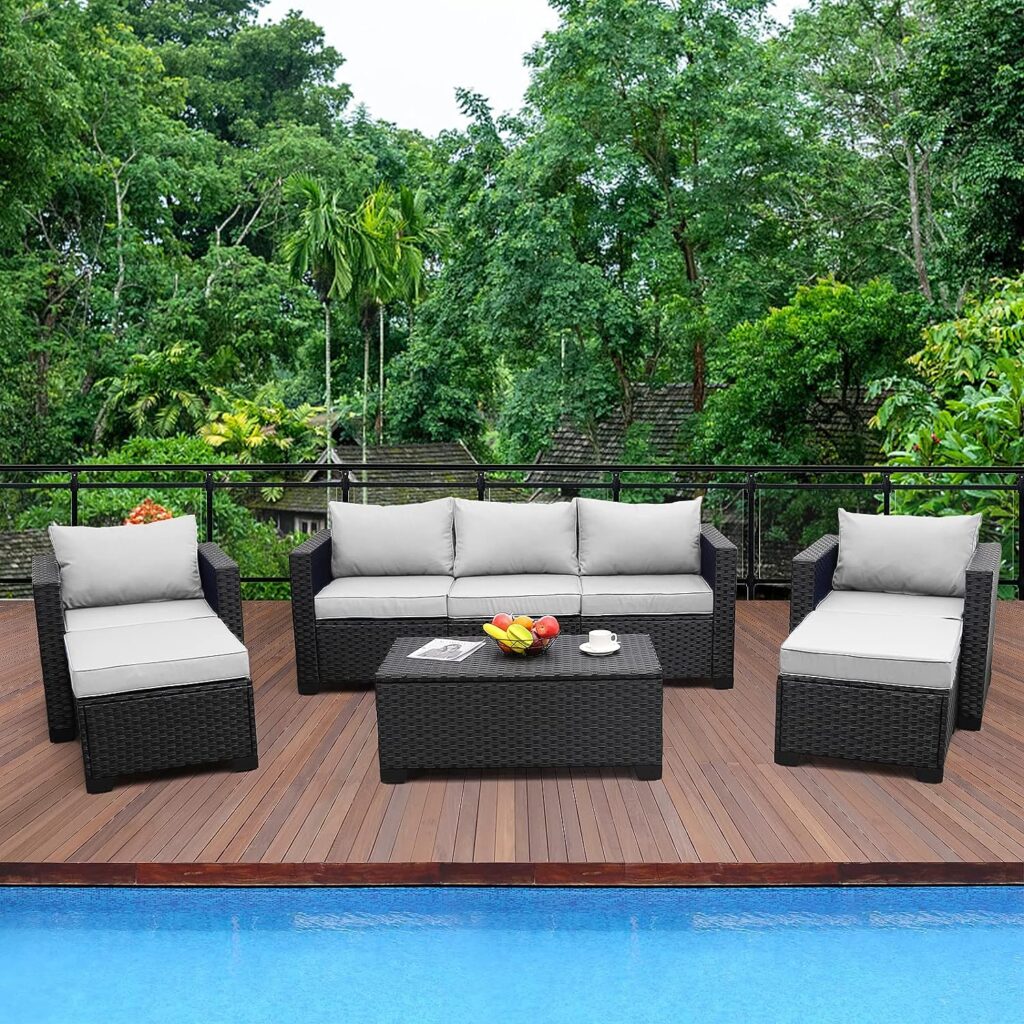 Patio Wicker Furniture Set 6 Pieces Outdoor PE Rattan Conversation Couch Sectional Chair Sofa Set with Grey Cushion