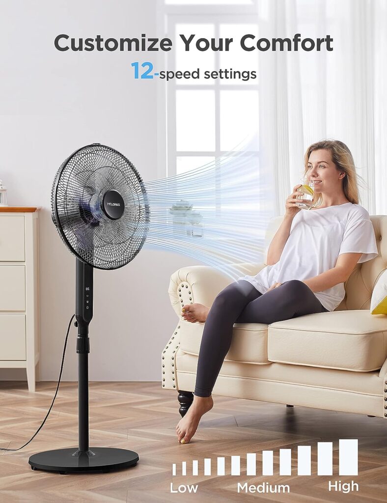 PELONIS 16 Oscillating Pedestal Stand Up Fan | Adjustable Height | Ultra Quiet DC Motor | Remote Control | 12 Speed | 12-Hour Timer | High Energy Efficiency | for Bedroom Home Office Use | Black