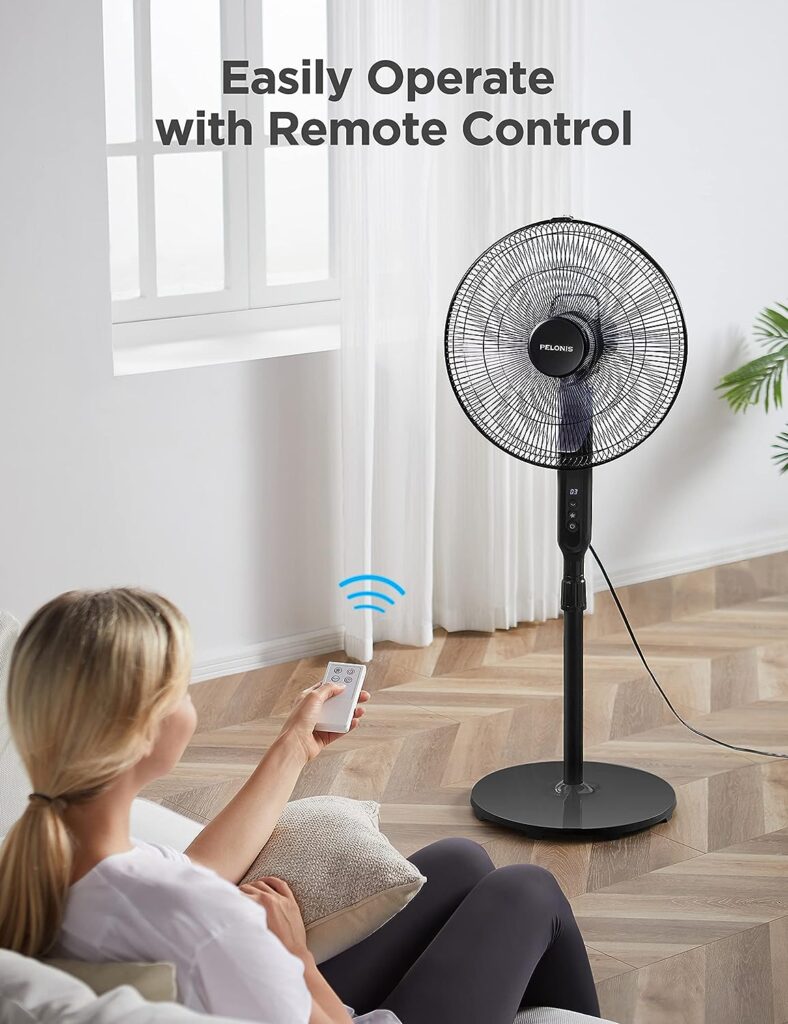 PELONIS 16 Oscillating Pedestal Stand Up Fan | Adjustable Height | Ultra Quiet DC Motor | Remote Control | 12 Speed | 12-Hour Timer | High Energy Efficiency | for Bedroom Home Office Use | Black
