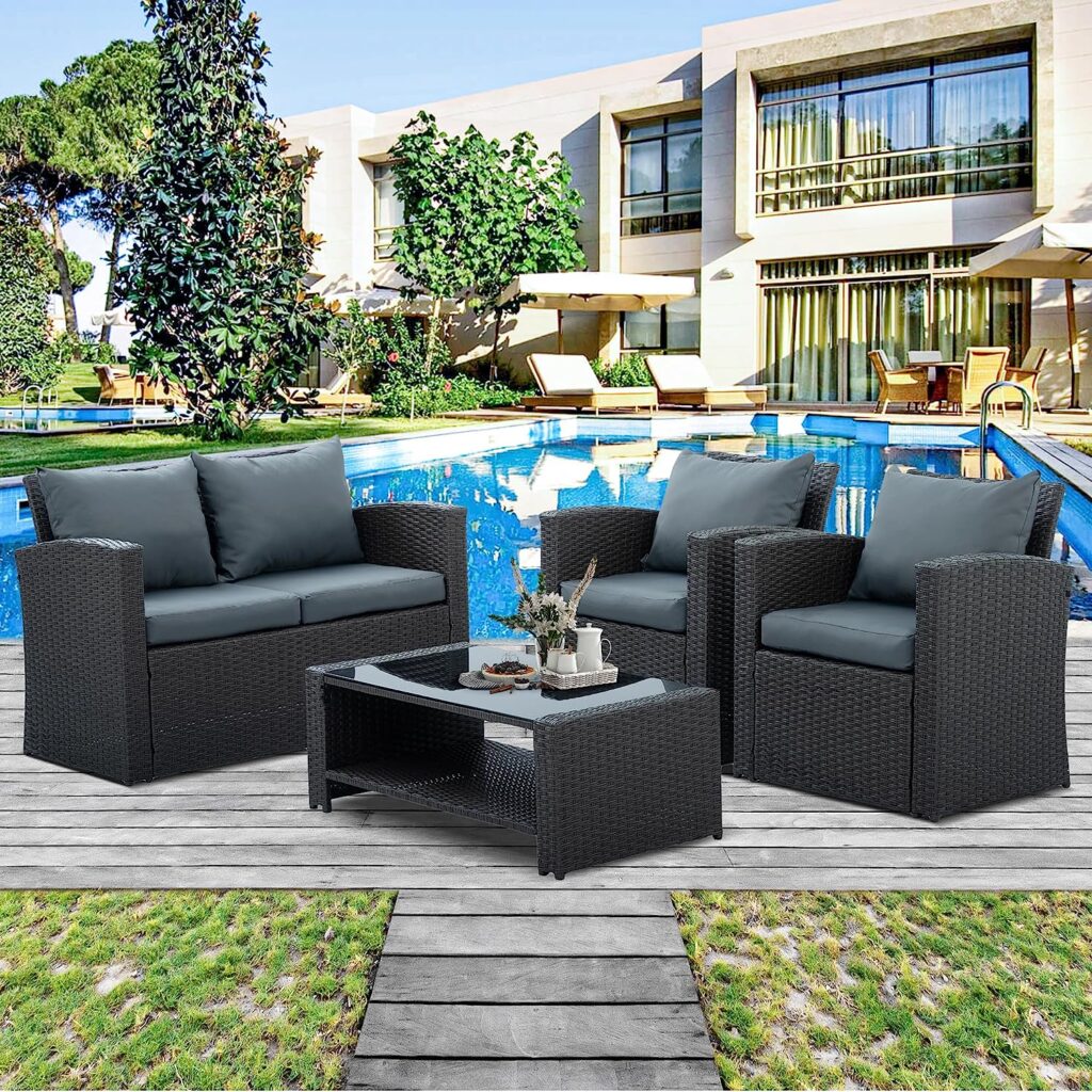 Visentor 4 Pieces Patio Furniture Set, All-Weather Outdoor Conversation Sets Loveseat Sofa, PE Wicker Rattan Chair Table for Garden, Pool, Backyard - Dark Gray