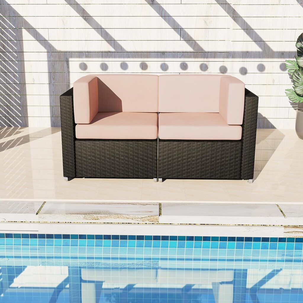 yoyomax Patio Loveseat 2PCS, All-Weather Outdoor Corner Sofa, Modular Wicker Patio Furniture Conversation Set for Balcony,Deck,Garden and Poolside - Beige