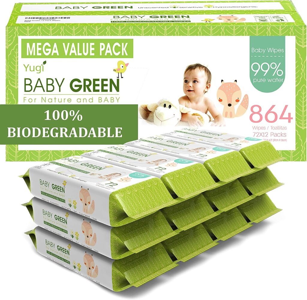 Yugi Baby Green Wipes Unscented Compostable Biodegradable and Organic– Value Pack (12 Packs of 72) 864 for Sensitive Skin