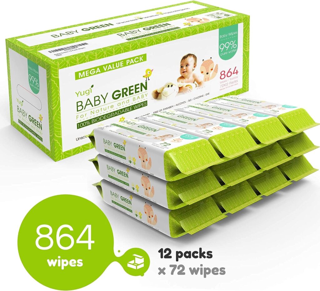 Yugi Baby Green Wipes Unscented Compostable Biodegradable and Organic– Value Pack (12 Packs of 72) 864 for Sensitive Skin