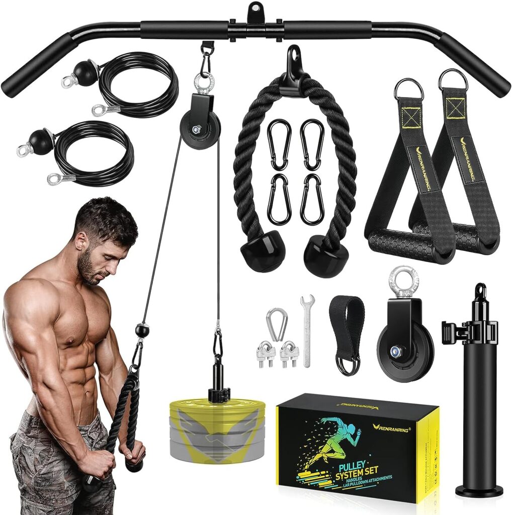 Fitness LAT and Lift Pulley System Gym - Upgraded LAT Pull Down Cable Machine Attachments, Loading Pin, Handle and Tricep Rope, for Biceps Curl, Forearm, Triceps Exercise Gym Equipment