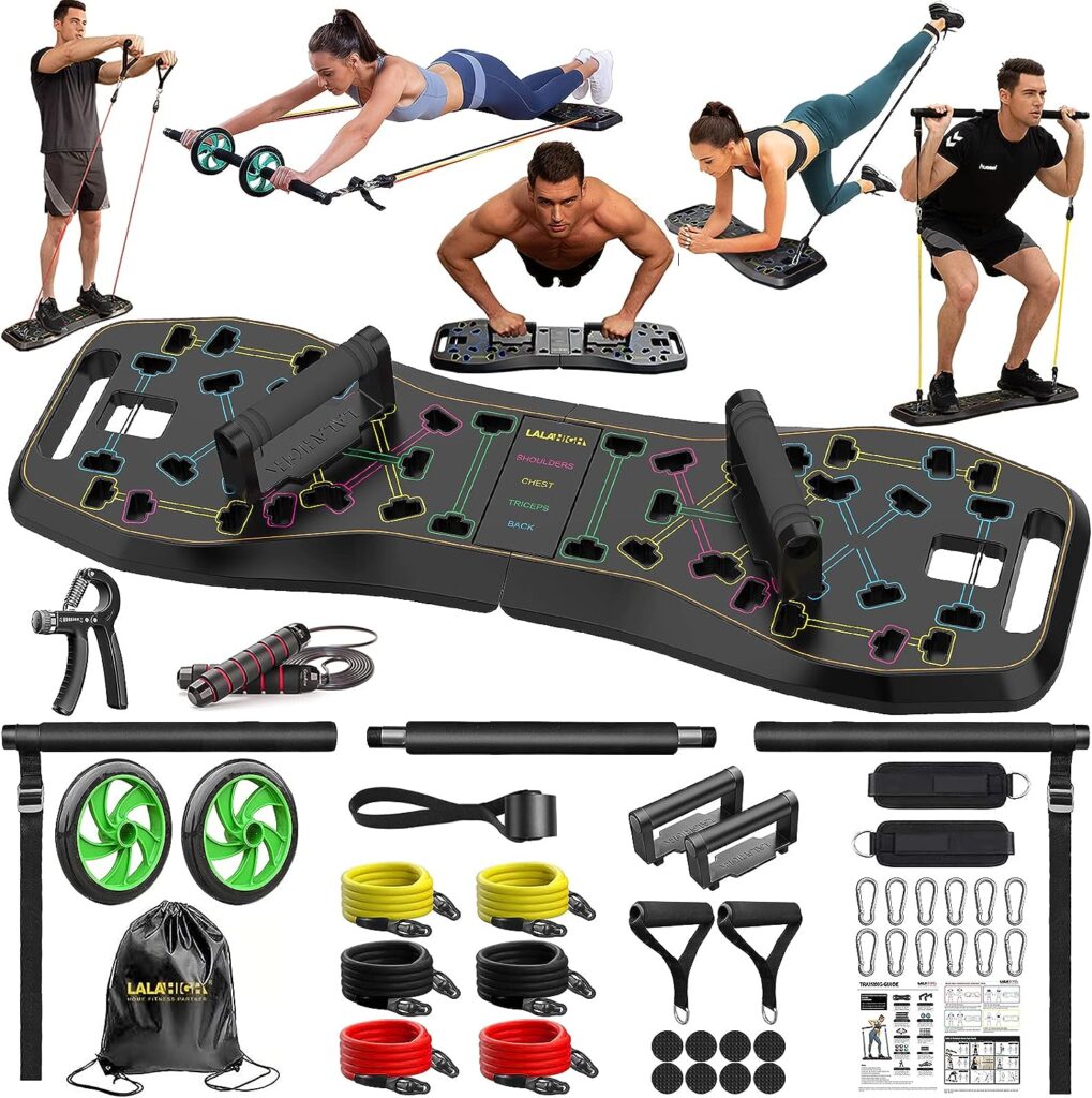 LALAHIGH Portable Home Gym System: Large Compact Push Up Board, Pilates Bar  20 Fitness Accessories with Resistance Bands  Ab Roller Wheel - Full Body Workout for Men and Women, Gift for Boyfriend (Black)