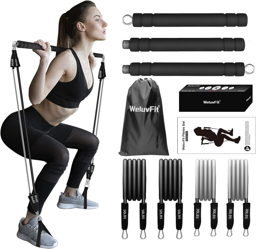 Pilates Bar Kit with Resistance Bands, WeluvFit Exercise Fitness Equipment for Women  Men, Home Gym Workouts Stainless Steel Stick Squat Yoga Pilates Flexbands Kit for Full Body Shaping
