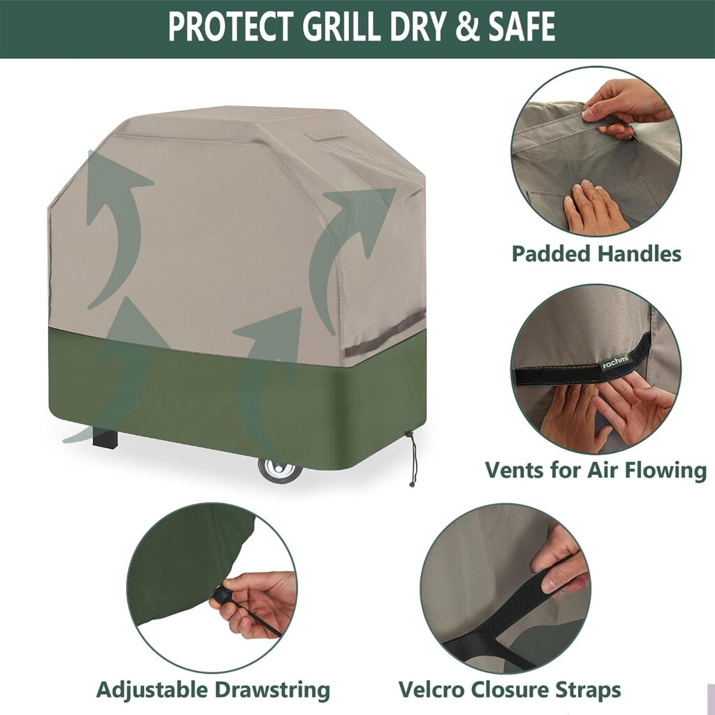 Rachmi Grill Cover for Outdoor Grill 49 Inch, 600D Oxford Water-Resistant Anti UV  Fade, BBQ Grill Cover Compatible for Weber, Char-Broil, Dyna Glo Charcoal Gas Grill, 49”W x 25”D x 43”H, Khaki/Green