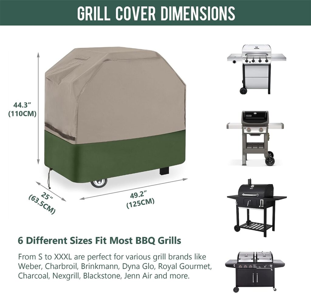 Rachmi Grill Cover for Outdoor Grill 49 Inch, 600D Oxford Water-Resistant Anti UV  Fade, BBQ Grill Cover Compatible for Weber, Char-Broil, Dyna Glo Charcoal Gas Grill, 49”W x 25”D x 43”H, Khaki/Green