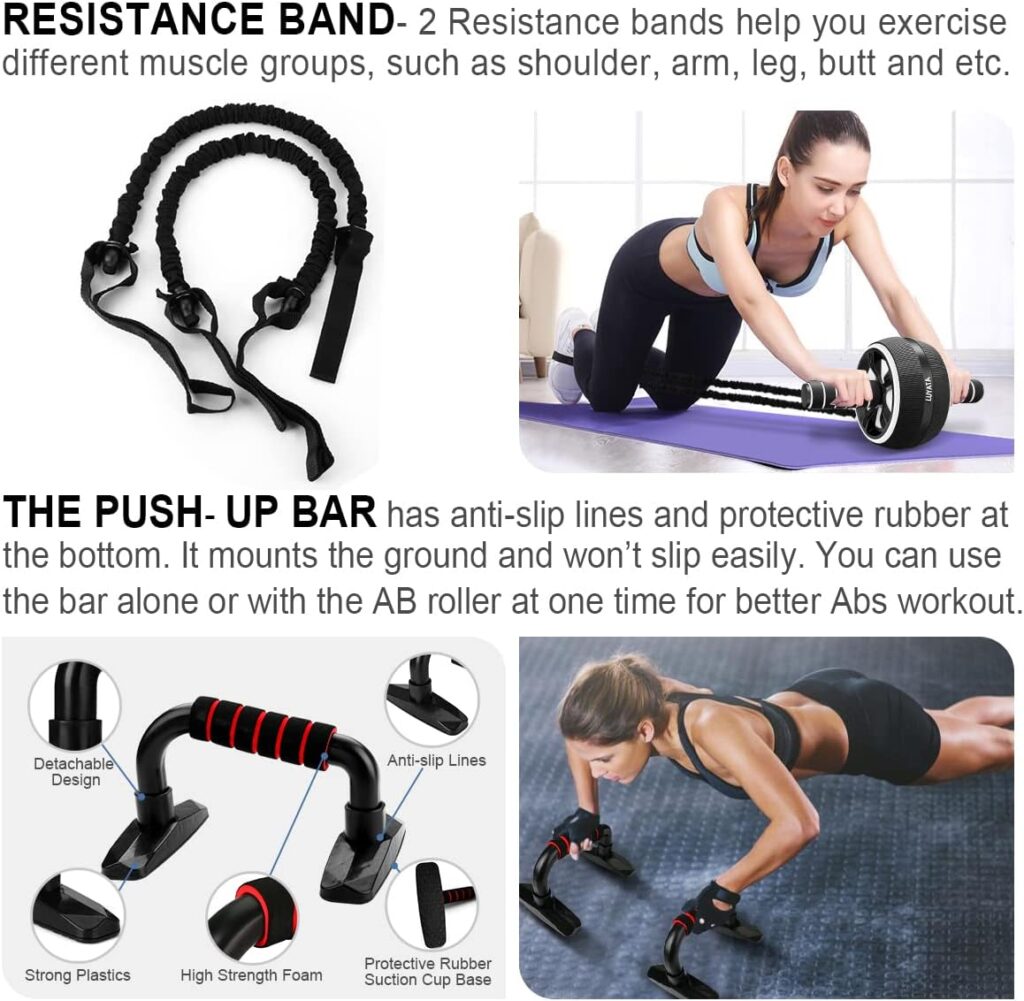 Ab Roller Wheel, 10-In-1 Ab Exercise Wheels Kit with Resistance Bands, Knee Mat, Jump Rope, Push-Up Bar - Home Gym Equipment for Men Women Core Strength  Abdominal Exercise