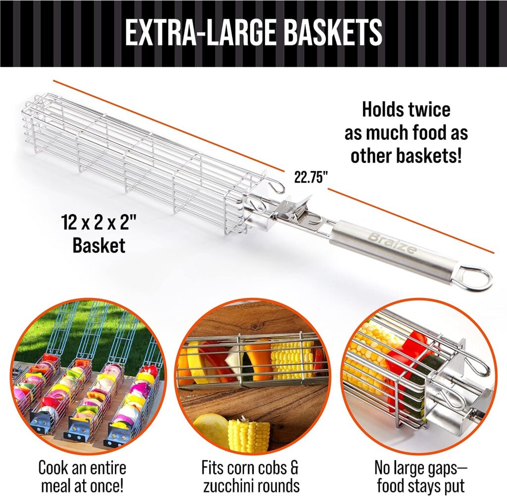BRAIZE Kabob Grilling Basket 4pk - Grilling accessories grill baskets for outdoor grill - Barbecue accessories bbq grill accessories grill vegetable basket - Fish grill basket vegetable grill basket
