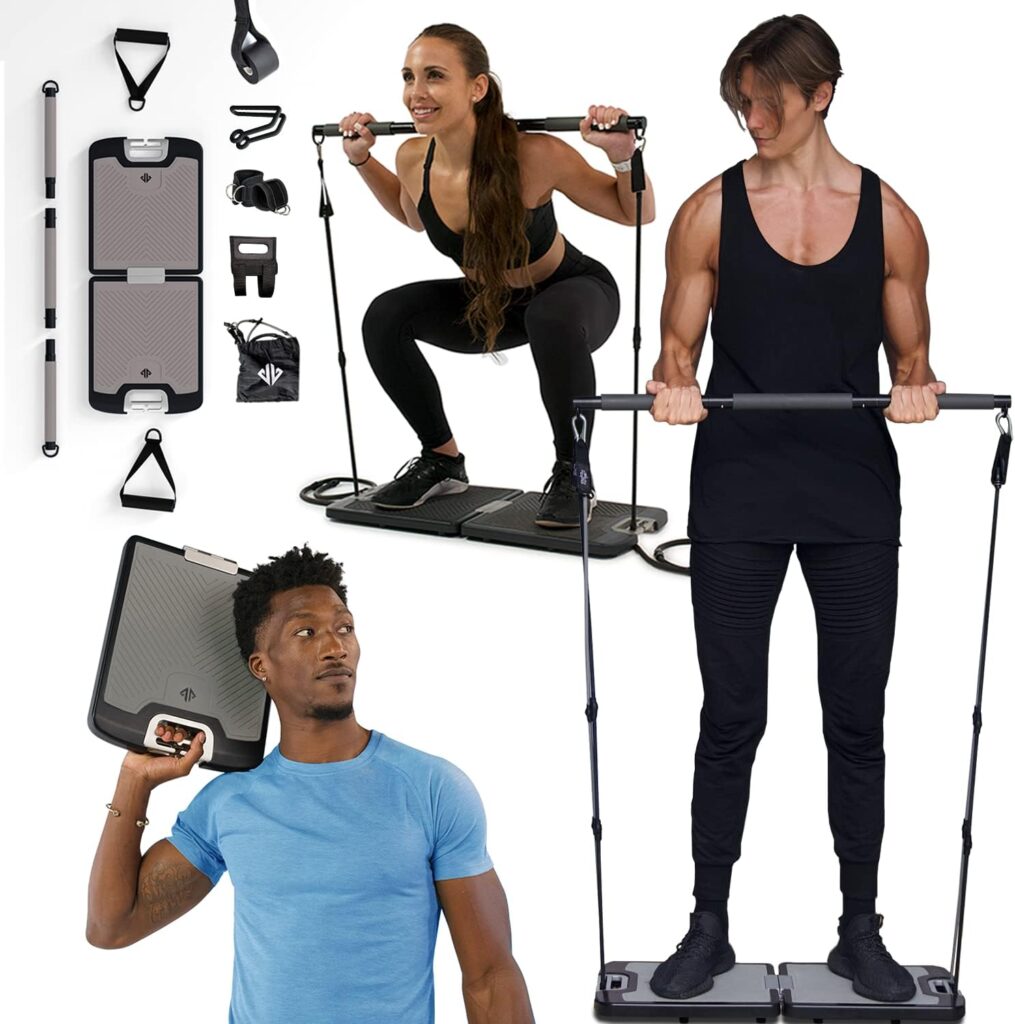 EVO Gym - Portable Home Gym Strength Training Equipment, at Home Gym | All in One Gym - Resistance Bands, Base Holds Gym Bar  Handles for Travel | Portable Gym  Home Exercise Equipment