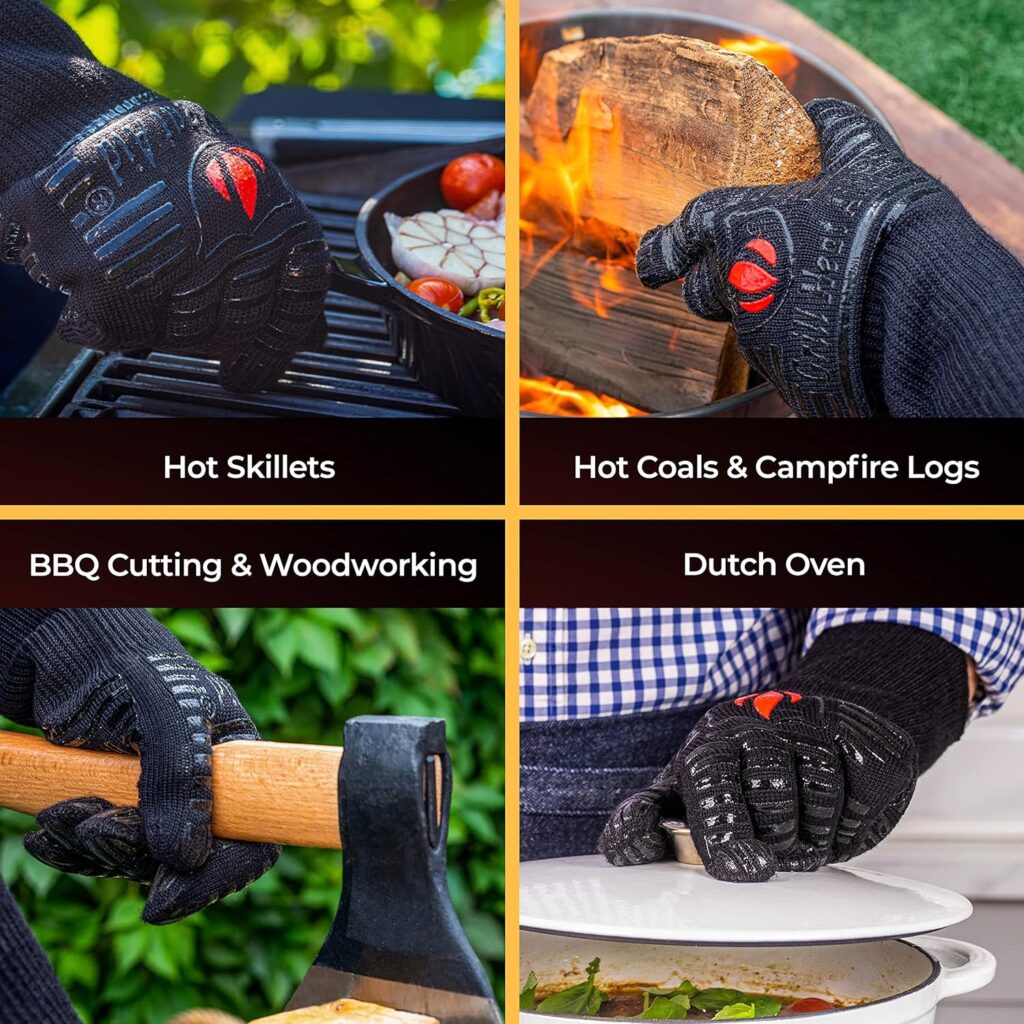 Heat Resistant Silicone BBQ Gloves - Fire Protection up to 1472°F - Insulated Glove Set for Hot Barbecue, Grill, Smoker, Baking, Cooking, and Cutting - Indoor or Outdoor Mitts Fit Men and Women