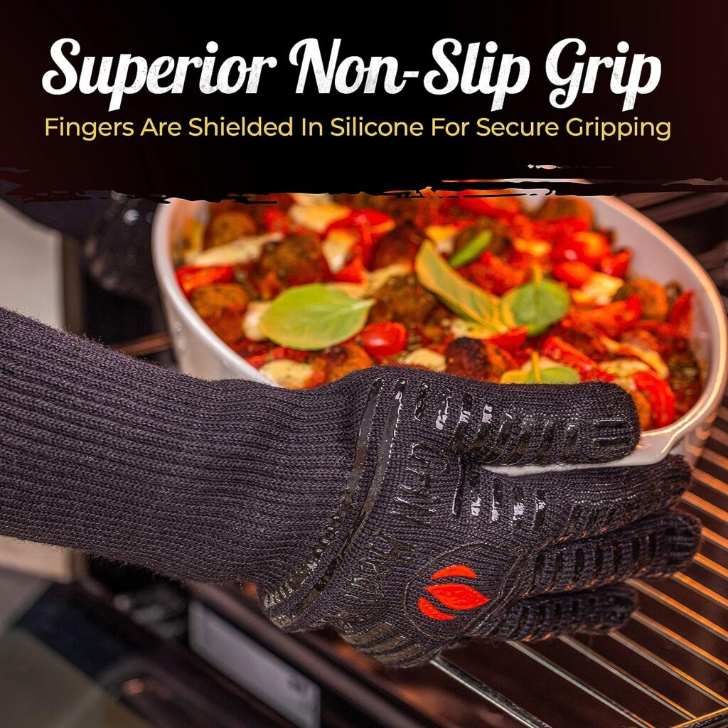 Heat Resistant Silicone BBQ Gloves - Fire Protection up to 1472°F - Insulated Glove Set for Hot Barbecue, Grill, Smoker, Baking, Cooking, and Cutting - Indoor or Outdoor Mitts Fit Men and Women