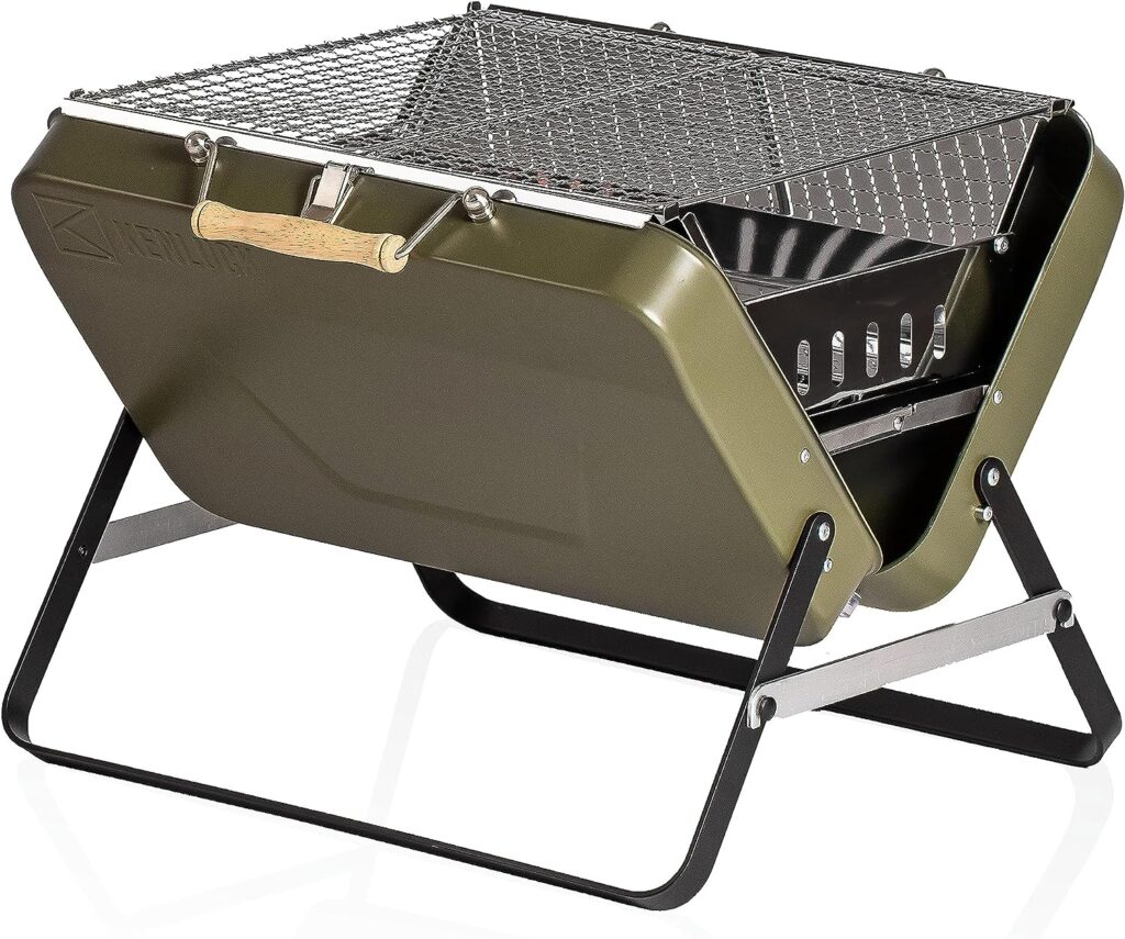 KENLUCK Charcoal Grill. Portable Stainless Steel BBQ Grill, Collapsible Barbecue Grill for Small Patio and Backyard, Foldable Outdoor Accessories (Celebration Grill (X-Large), Matte Green)