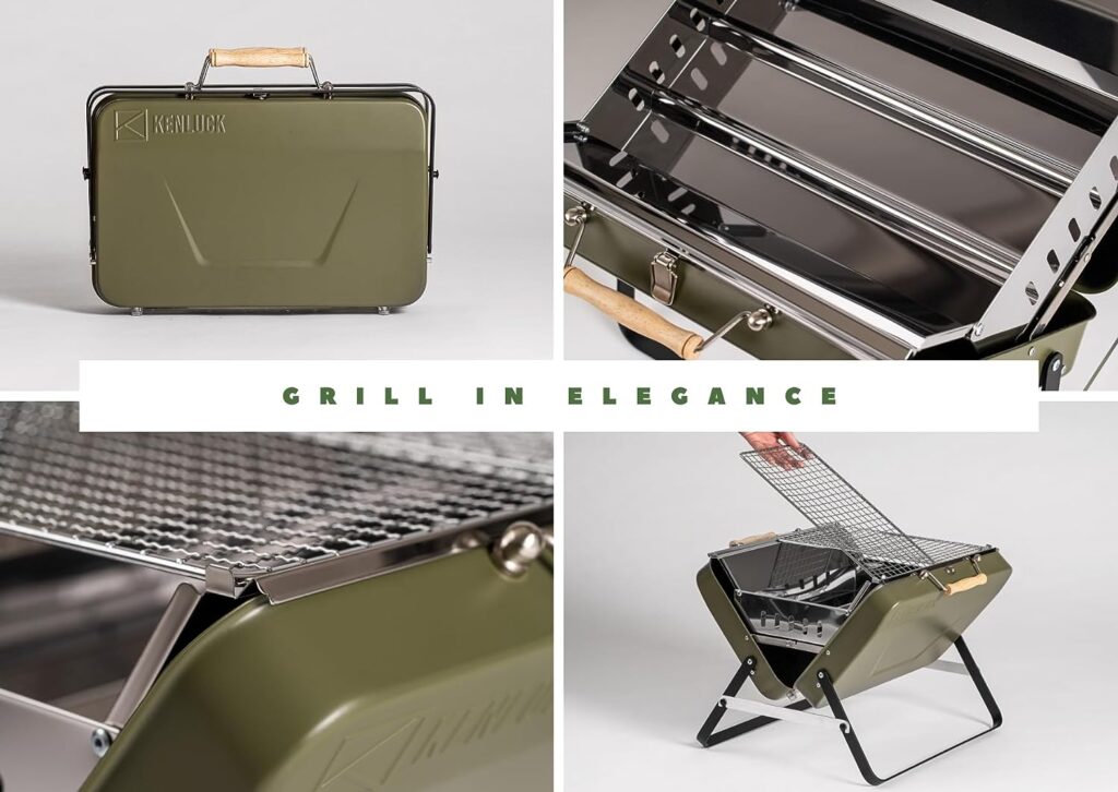 KENLUCK Charcoal Grill. Portable Stainless Steel BBQ Grill, Collapsible Barbecue Grill for Small Patio and Backyard, Foldable Outdoor Accessories (Celebration Grill (X-Large), Matte Green)