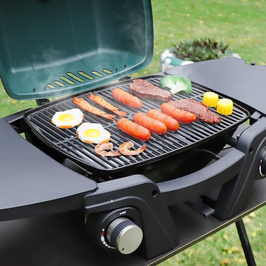Kukoofyer Gas Grill Portable Propane Grill, Tabletop Grill Propane, 24,000 BTU Outdoor BBQ Grill Camping Grill with Two Burners, Removable Side Tables, Built in Thermometer, Green