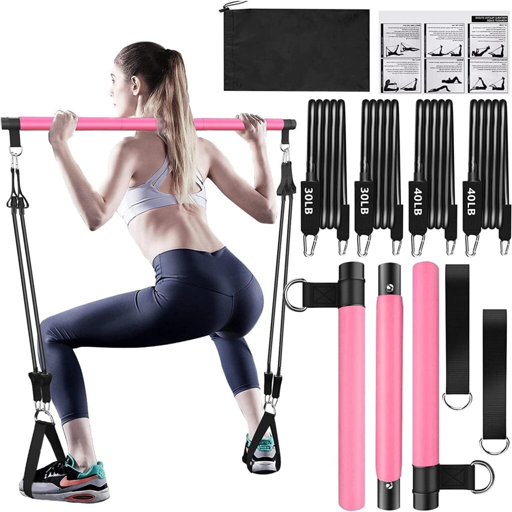 Pilates Bar Kit with Resistance Bands(4 x Resistance Bands),3-Section Pilates Bar with Stackable Bands Workout Equipment for Legs,Hip,Waist and Arm,Exercise Fitness Equipment for Women  Men