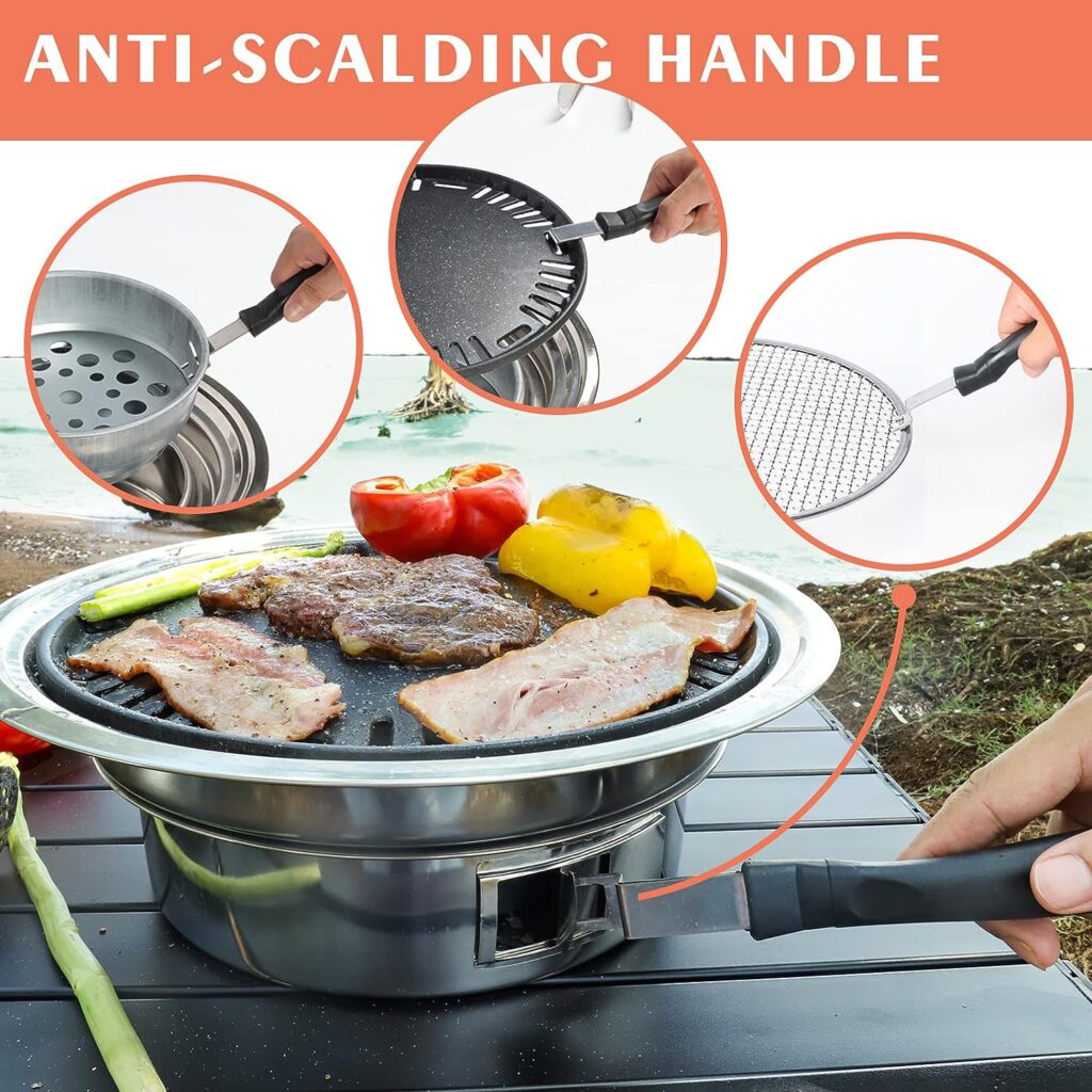 Puraville Charcoal Barbecue Grill, 13.7 Inches Non-Stick Korean BBQ Grill, Portable Stainless Steel Charcoal Stove for Home Party Outdoor Camping