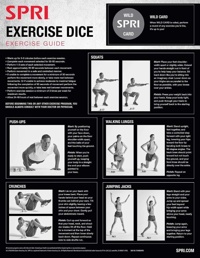 SPRI Exercise Dice (6-Sided) - Game for Group Fitness  Exercise Classes - Includes Push Ups, Squats, Lunges, Jumping Jacks, Crunches  Wildcard ( Carrying Bag)
