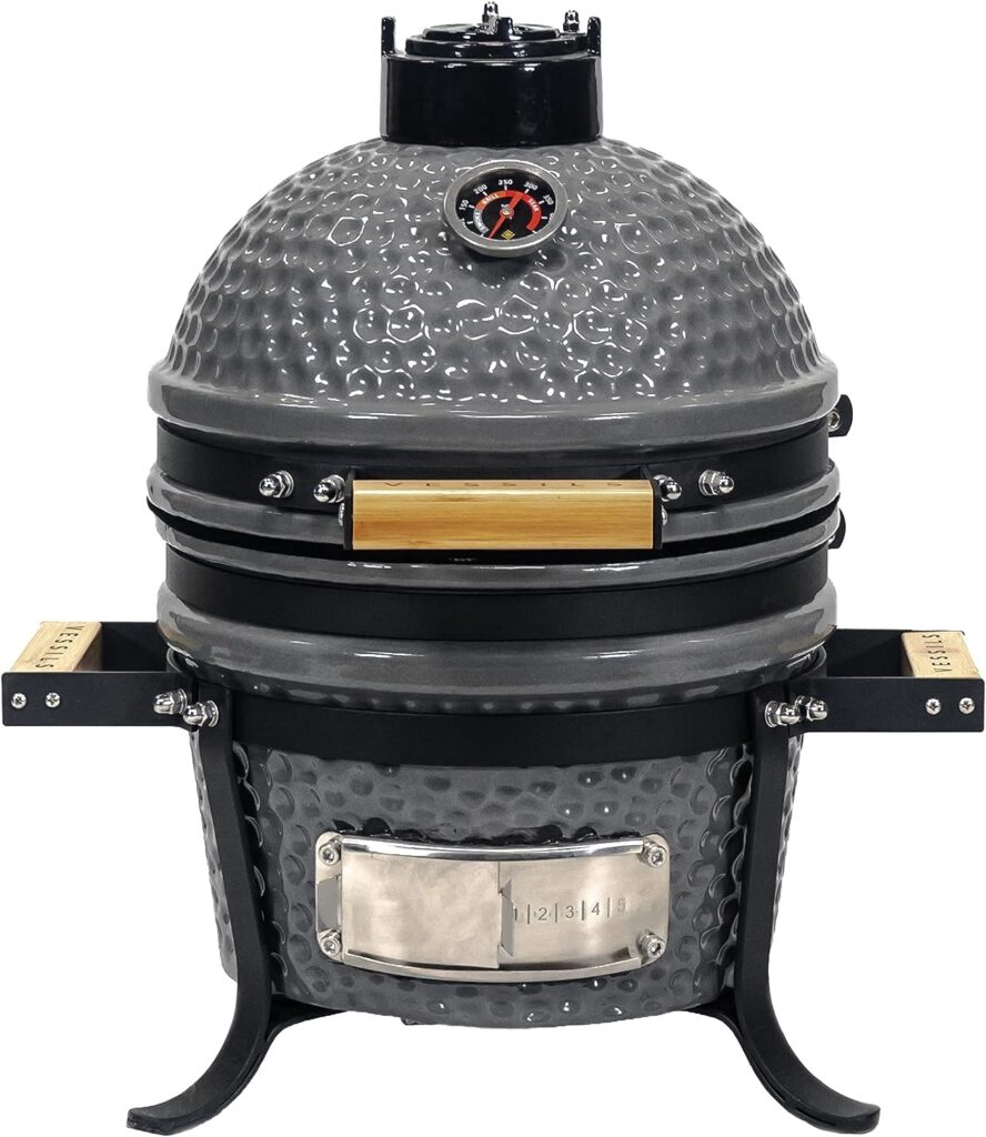 VESSILS 9.8-in W Kamado Charcoal BBQ Grill – Heavy Duty Ceramic Barbecue Smoker and Roaster with Built-in Thermometer and Stainless Steel Grate