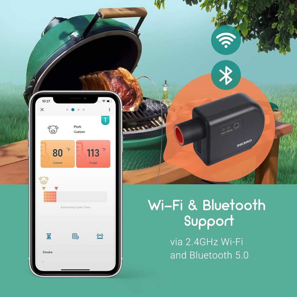 Wi-Fi  Bluetooth BBQ Smoker Temperature Controller with Automatic Smoker Fan, INKBIRD ISC-027BW Grill Thermometer with 4 Probes for Big Green Egg, Kamado Joe, Primo, Vision Grill, Akorn Kamado