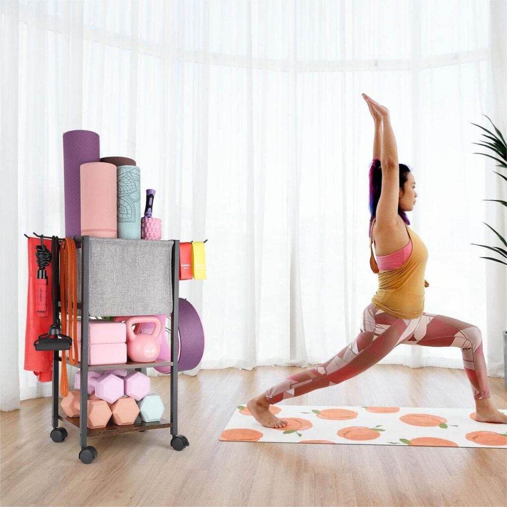 Yoga Mat Storage Rack Home Gym Equipment Workout Equipment Storage Organizer Yoga Mat Holder for Yoga Block,Foam Roller,Resistance Band,Dumbbell,Kettlebell and More Gym Accessories Gym Essentials Women Men Fitness Exercise Equipment Organization with Hooks Wheels